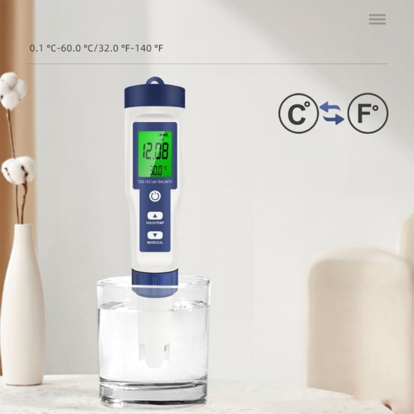 Bärbar PH-mätare 5-i-1 digital TDS-mätare Vattentestare med bakgrundsbelysning TDS/PH/ORP/EC/Temp-mätare med ATC- för akvarium