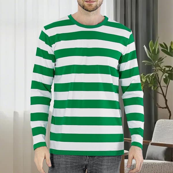 Stribet langærmet T-shirt med rund hals til mænd, basic afslappet top Green M