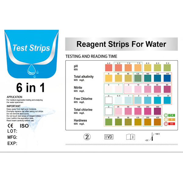 50st vattenkvalitetsanalysator testremsor 6i1 testpapper PH Klor Alkalininitrat Nitrit Fisk för tank PH Testning St