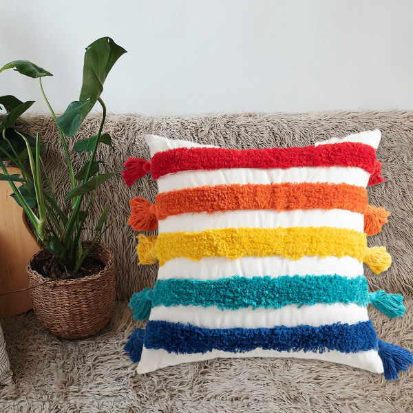 45x45 cm Regnbågsrandig tuftad slängkudde för case Bohemian Tassels Cushion Co