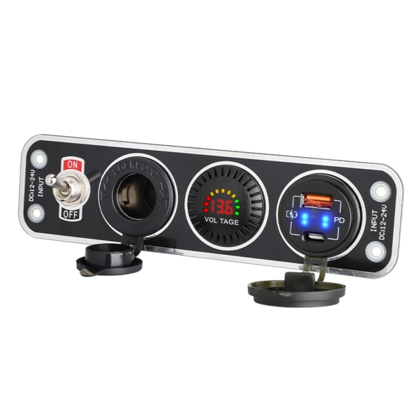 12V 24V PD QC3.0 18W USB+Typ-C Power Laddare med LED Voltmeter Switches Kabel för Car Marine Mobiltelefon Red