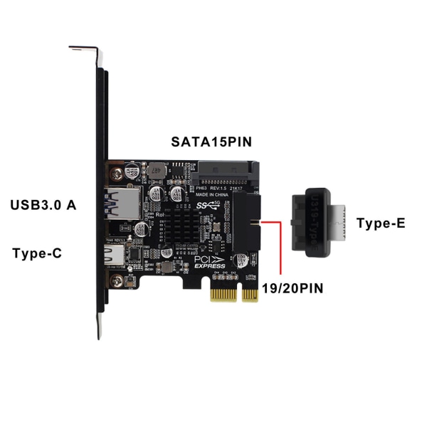PCIE 3.0 till USB3.0 A Typ C 5 Gbps Dataöverföring Snabbladdning USB-C Controller PCI-E Typ E 19P 20P Typ E-kort Full height baffle