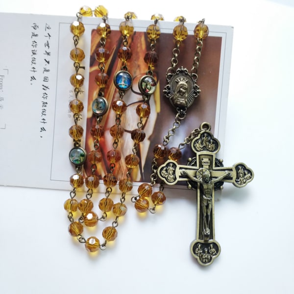 Vintage Rosenkrans katolska bön Crystal Bead Halsband Kristus Jesus för Cross Neck