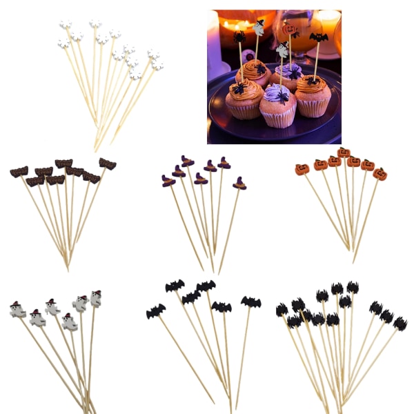 100 st Halloween pumpa Cocktails Sticks Naturlig bambu tandpetare med dekoration 12 cm Cocktails Pick för Halloween 7