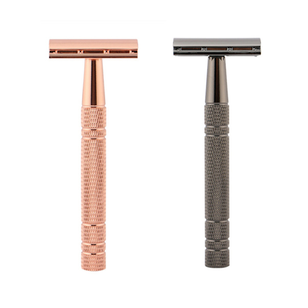 Bärbar klassisk dubbelkantssäkerhet för rakhyvel Premium handhållen män metall för rakhyvel med 10 st påfyllningsblad för all hud Rose gold