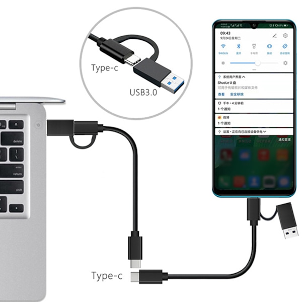 USB till USB C-kabel 2 i 1 USB3.0 USB A/C till C Snabbladdningskabel USB Typ C till Typ C Laddningssladd 10 Gbps Data Sync