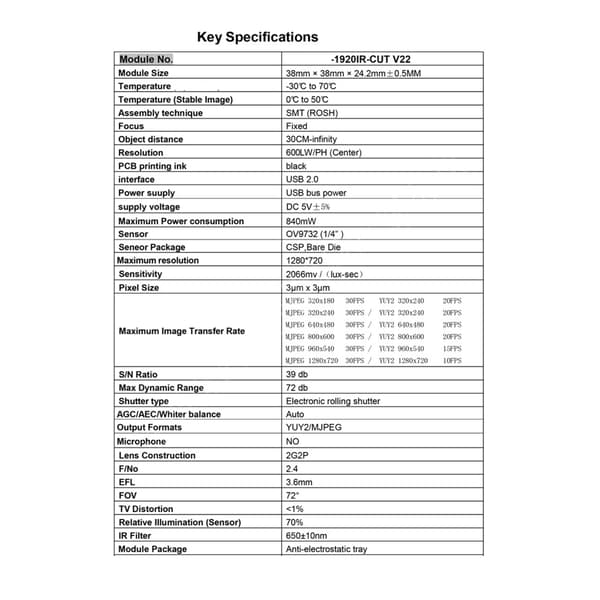 1MP OV9732 Sensor Sikkerhetskameramodul 720P Sensor 72° Linse