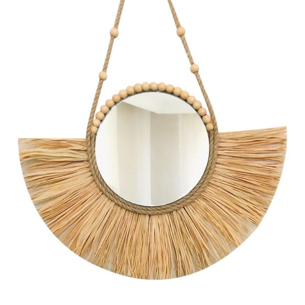 Marockanskt vävt halmhängande väggspegel Boho Macrame Träpärla Gobelängdekor null - A3