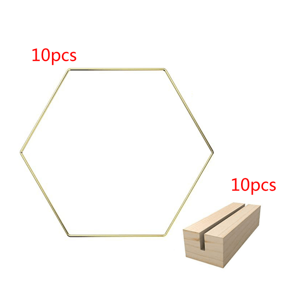 10 st metall blombåge centerpiece hexagon krans ring med trä bas Placera korthållare för DIY bröllop bordsdekoration