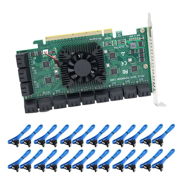 PCIE SATA III 24 Portars Kontrollerkort med Kabel PCIe 2.0 16X till SATA3.0 Adapter 6Gbps Expansionskort för Chia Mining