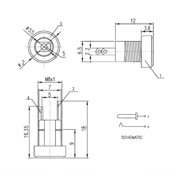 5 st DC-022B power hona panelmonterad kontakt 5,5 x 2,1 mm