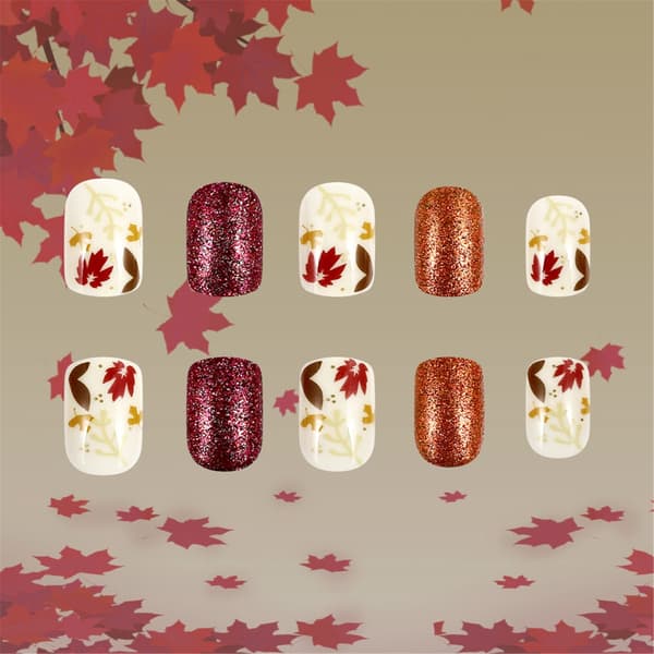 Thanksgiving Press on Nail Short Square False Nail Fall Maple Leaves Designs