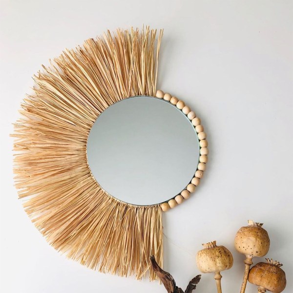 Marockanskt vävt halmhängande väggspegel Boho Macrame Träpärla Gobelängdekor null - A3