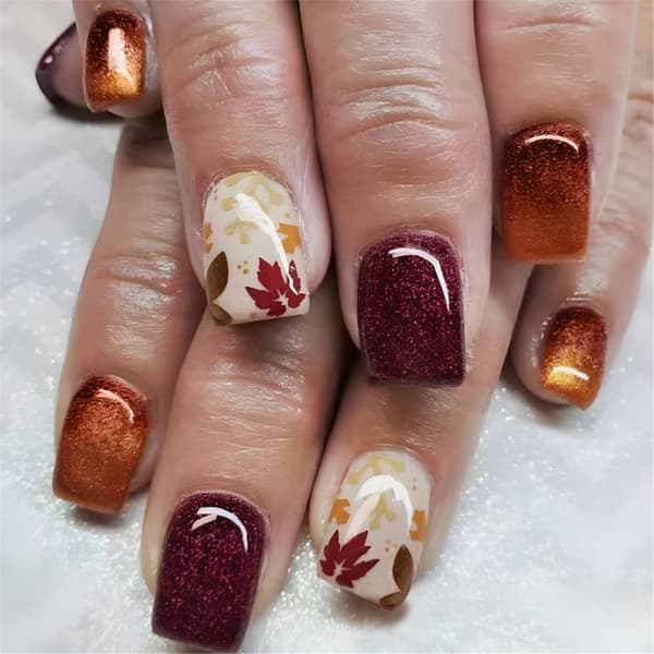 Thanksgiving Press on Nail Short Square False Nail Fall Maple Leaves Designs