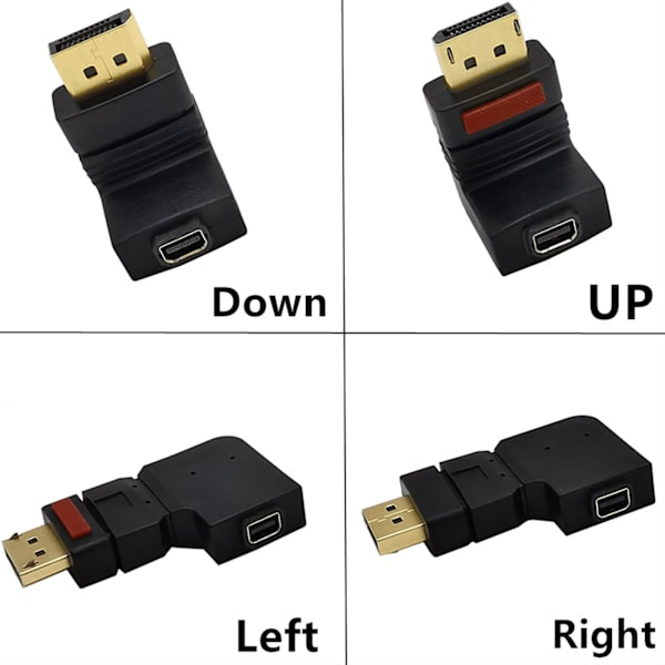 90 graders DisplayPort till Mini DisplayPort videokabeladapter DP hane till mini DP hona UPP/NER/VÄNSTER/HÖGER Vinklad Svart Right bend