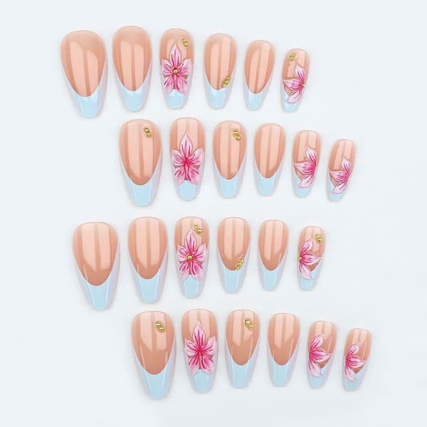 Blomster Press On Manicure med Blå Fransk Tip og Glansfuld Finish ABS Negl