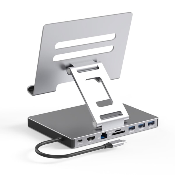 Dockningsstation i aluminiumlegering Typ C 9 i 1 HUB USB3.0 5Gbps Dataöverföring 2xHDMI4K Ethernet PD100W Laptopställ