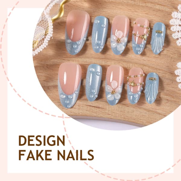 Multi Size Press On Manicure Mandelform med Blå Fransk Stil