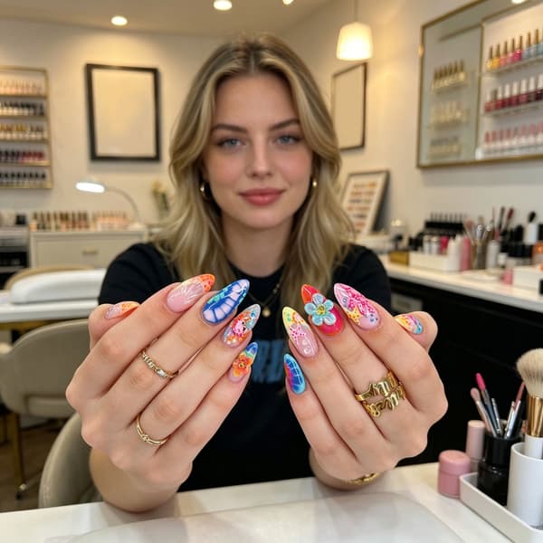 Ocean Press On Manicure Sæt, 24 Stykker Mandelform til Hurtige Looks