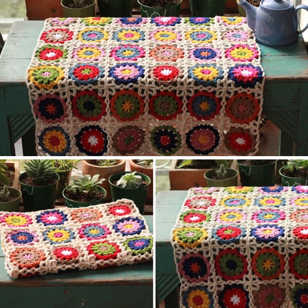 Boho Handgjord Virkad Soffa Tröja Färgglad Blomma Tröja Stil Mat Dekor
