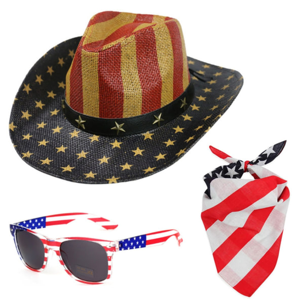 Vintage Cowboyhatter Bandana Solbriller Sett for Menn Kvinner Western Cowgirl Hatt Bursdagsfest Hatt Kostyme Tilbehør