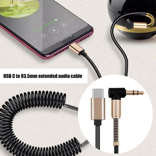 USB C til 3,5 mm spirallydskabel bilstereoledning 1,8 meter forlængerkabel