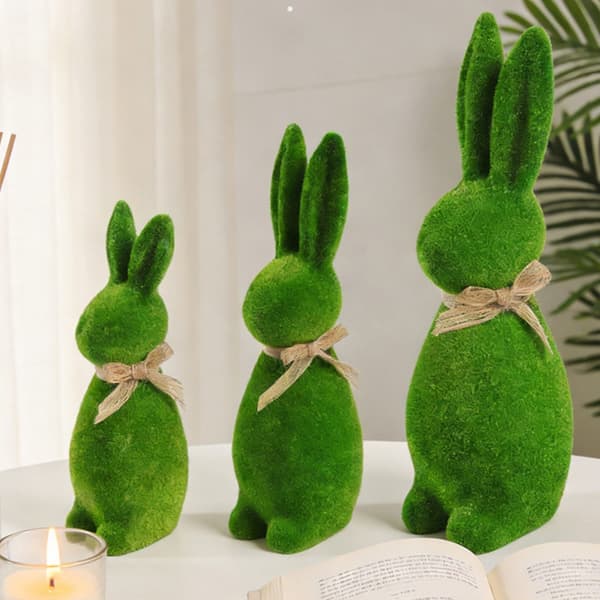Flocking Moss Kanin Statuer Forår Kanin Figurer Indendørs Påskepynt S