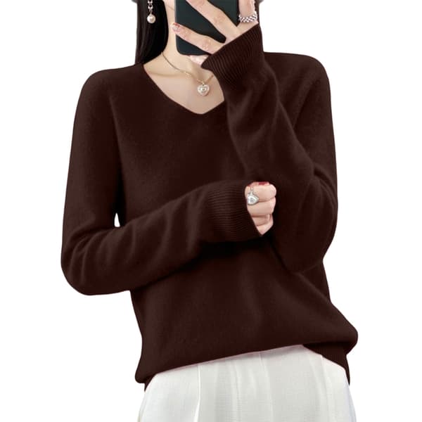 Dam V-ringad stickad tröja Casual lös långärmad pullover Jumper Toppar Coffee S