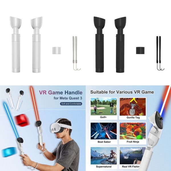 VR Beat Sabre Handtag Tillbehör och Long Stick Handle Extension Grips för Meta Quest 3 VR Controllers Black