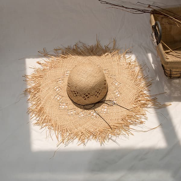 Dame Raffia Strå Solhat Stor Skygge Floppy Frynset Hul Solcreme Spand Ca