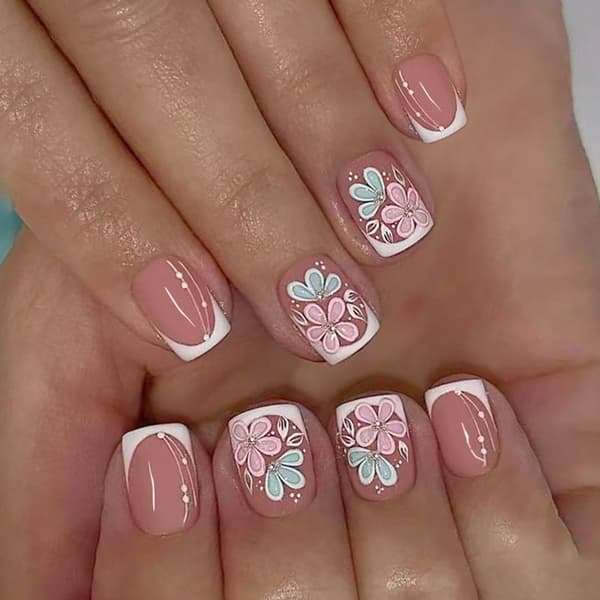 24 Stykker Kunstige Negle Fransk Tip Pink Blomst Glitrende Press-on Negle