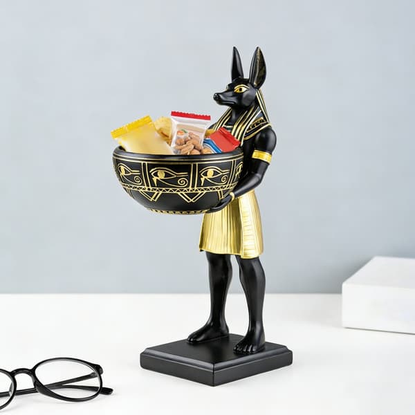 Håndlavet mørk hundestatue og serveringsplatform med opbevaringsområde
