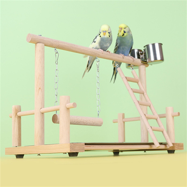 Fågel Abborre Trä Stativ Leksak Papegojor Lekställ för parakiter Cockatiel Conure med matningskoppar Stege Gungleksak