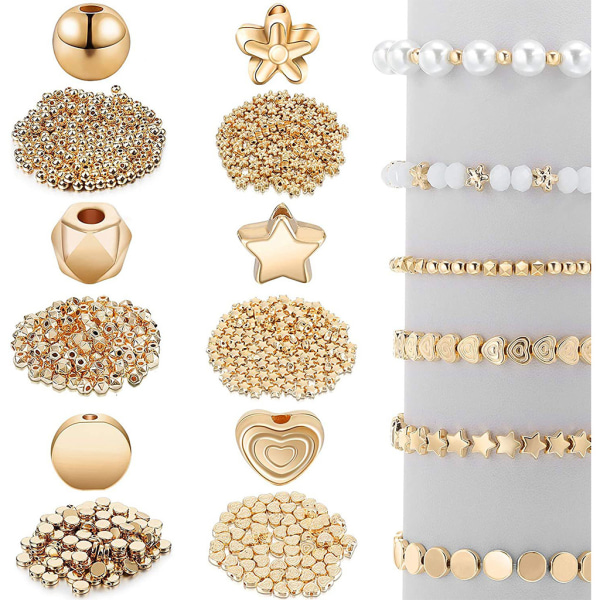 Gyllene Spacer Beads False Pearl Beads för smyckestillverkning Platta runda för ponnypärlor Elastiskt snöre för armbandstillverkning