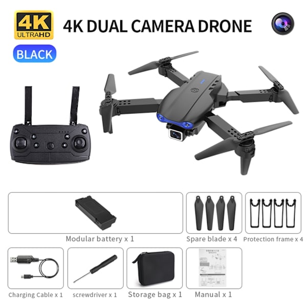 E99 K3 Drone 4K Dubbel/Enkel Kamera 6-axlig 3-vägs Hinder Undvikande RC Quadcopter Black D