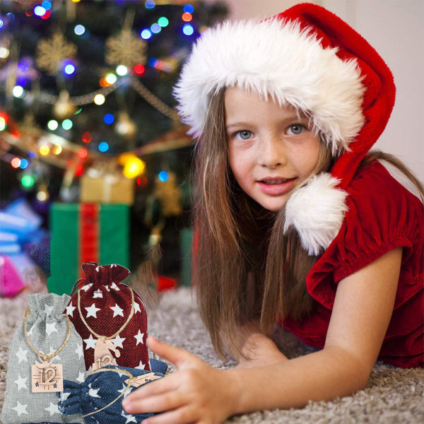24 set juladventskalenderväska med nedräkningspåse för nummeretikett i trä