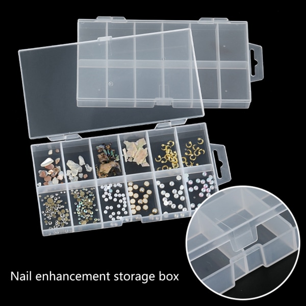 12 Space Transparent False Nail Art Tips Förvaringslåda Nagel för Rhinestone Glitter Förvaring för case Container Nail Art också
