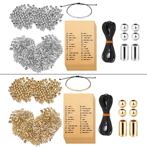 Runda distanspärlor Långt rör distanspärlor Manuellt justerbart armband Halsband Morsekod avkodningskort set Gold