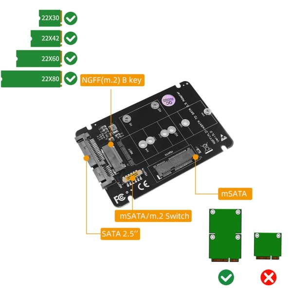 2-i-1 NGFF(M2)mSATA till SATA 2,5 tums adapter M2 NGFF/ mSATA till SATA3.0 Praktisk byte av adapterkort för konverterare null - Cross structure