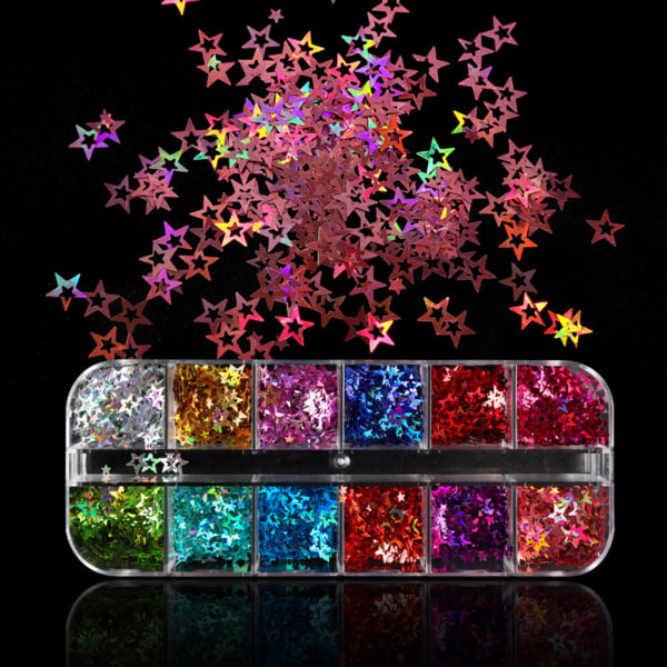 12 rutnät/låda holografisk glitter ihåliga stjärnor form paljetter Epoxihartsfyllning