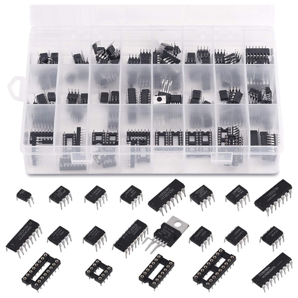 169st 21 värden Integrated Circuit Chip Sortiment Kit 2,54 mm IC-uttag 8 14 16 18 stift LM324 LM358 LM386 LM393 LM339