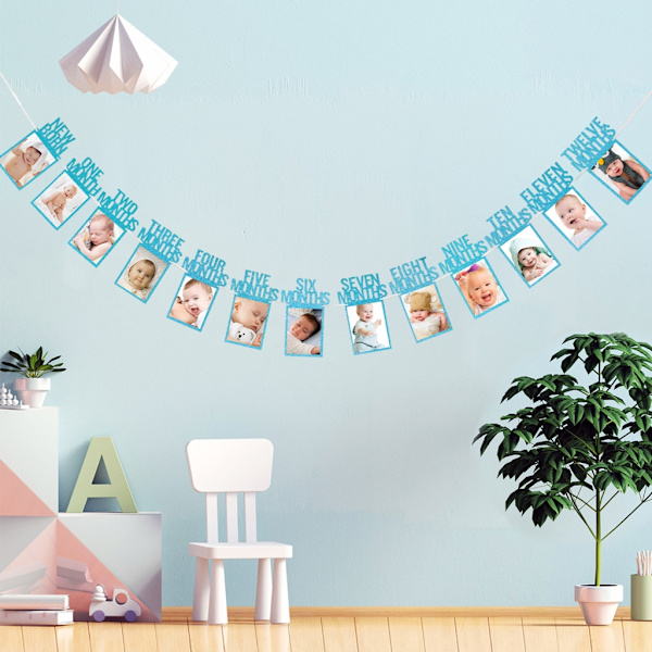 12 månader Fotoram Banderoller Grattis på födelsedagen Dekoration Första pojke Flicka Fest Papper Girlander Baby 1:a Ett år Bunting Pink