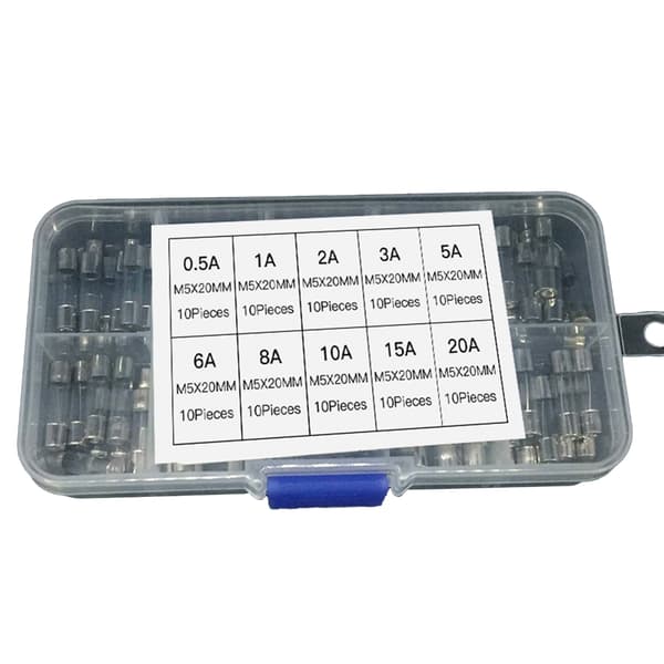 100 stk. 5x20 mm rørglasrørssikringer, fine sikringer 0,5-20A til elektroniksikkerhed