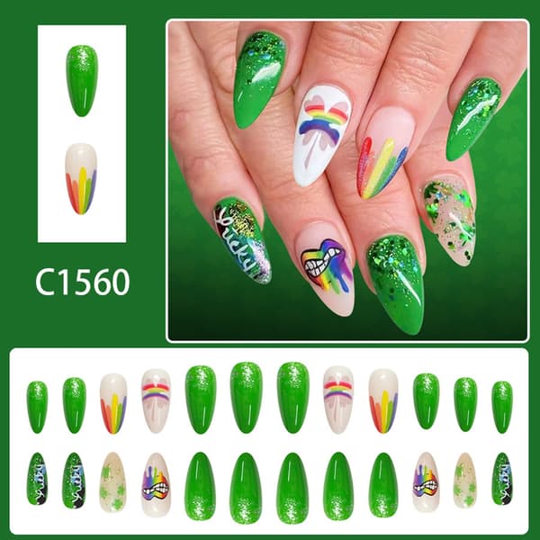 24 stk. St. Patricks grønne glitter-shamrock-press-on-negler for festlige anledninger