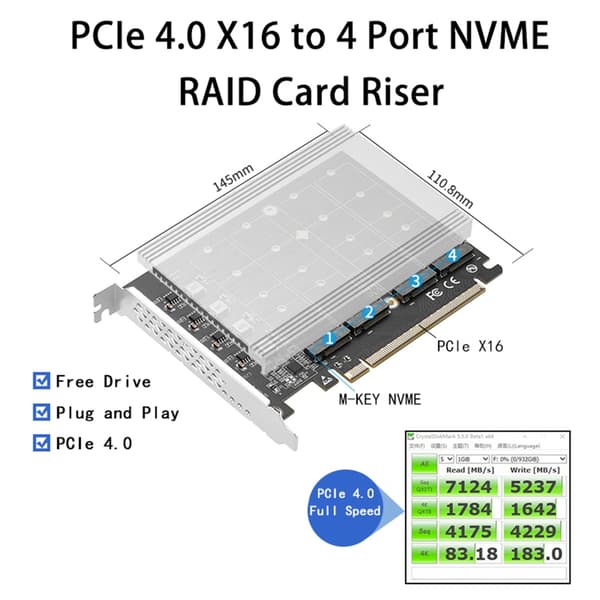 4-ports M.2 NVMe til PCIE4.0 X16 Adapter Multi-Drive Array Slots - SSD-utvidelse