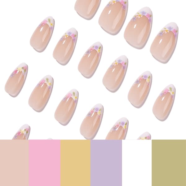 Blomstret fransk press-on manicure sæt, mandelformede bløde lyserøde harpiksstykker