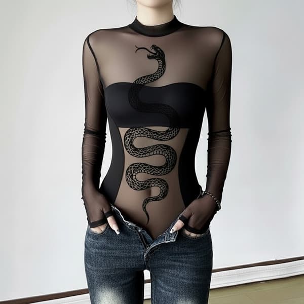 Stretchig Skir Bodysuit Ormmönster Mesh Jumpsuit Kvinnor Nattklubbskläder Black L