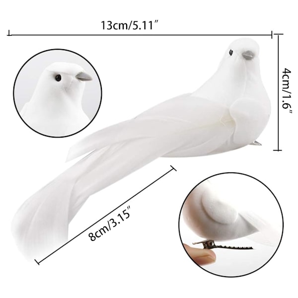 12 st konstgjorda duvor med klämma Fake Long Tail Doves Skumfjäder Vita fåglar Kardinalprydnad för julgran
