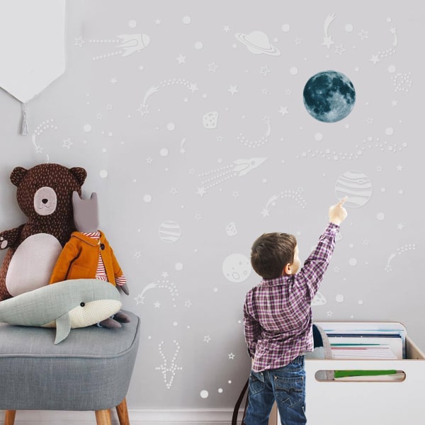 Luminous Moon Star Space Rocket Wallpaper Självhäftande Dekal Barn Present Blue light C