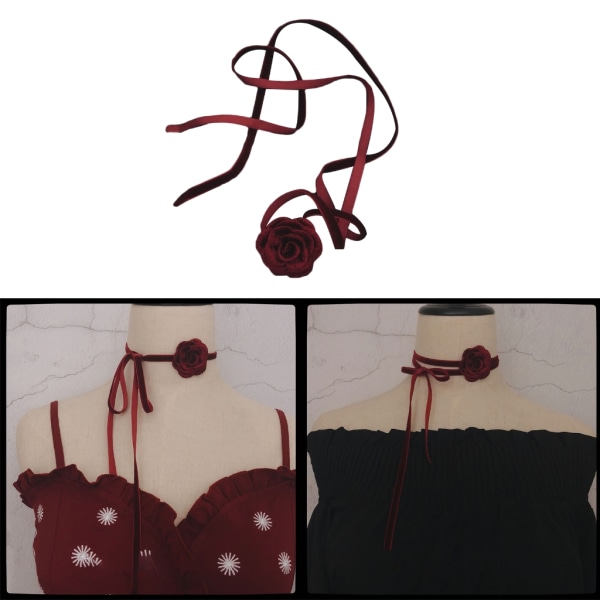 Röd Blomma Choker Halsband Statement Smycken Minimalistisk Rose Flower Halsband Kvinnor Tjej Present Alla hjärtans dag-Dekor Long burgundy strap